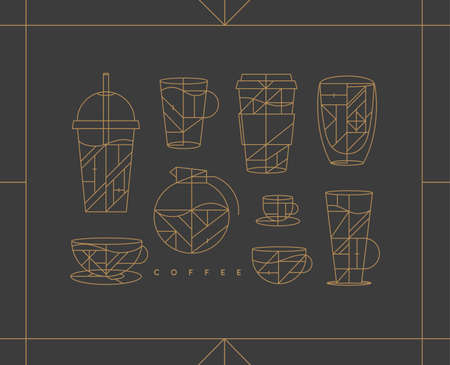 Set of creative modern art deco coffee cups in flat line style drawing on dark background.のイラスト素材