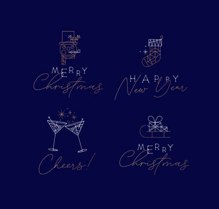 Set of Christmas and Happy New Year art deco labels with lettering drawing in vintage line style on blue backgroundのイラスト素材