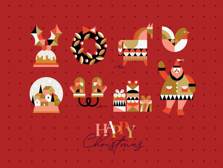 Set of Christmas symbols in cubism style gloves, wreath, gifts, winter snow globe, bird, horse, Santa drawing on red backgroundのイラスト素材