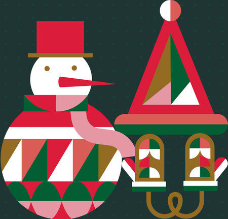 Poster Christmas snowman and gloves in cubism style drawing on green backgroundのイラスト素材