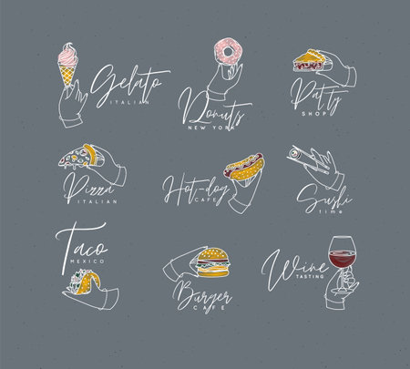 Set of renaissance hands holding donut, hot dog, pizza, sushi, pie, glass of wine, croissant, ice cream, cupcake, burger, coffee, taco with lettering drawing with color on grey backgroundのイラスト素材