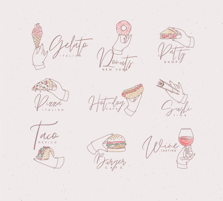 Set of renaissance hands holding donut, hot dog, pizza, sushi, pie, glass of wine, croissant, ice cream, cupcake, burger, coffee, taco with lettering drawing with color on light pink backgroundのイラスト素材