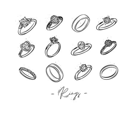 Set of jewelry, engagement and wedding ring drawing in graphic vintage styleのイラスト素材