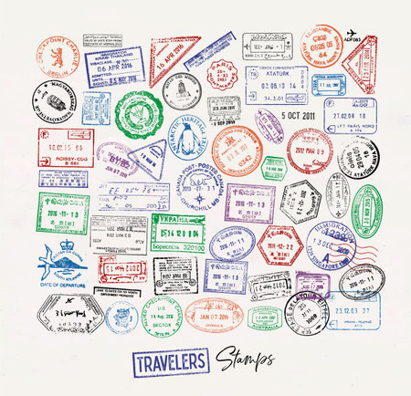 Passport stamp from different countries colorful icon set with lettering travelers stamp poster styleのイラスト素材