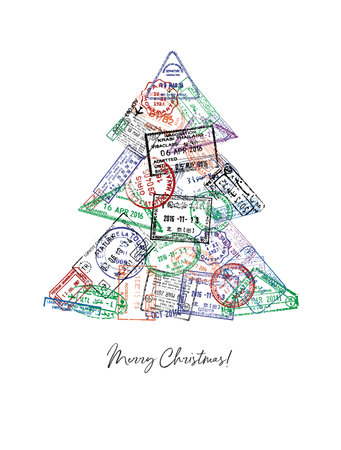 Christmas Tree made from a passport stamps different countries poster styleのイラスト素材