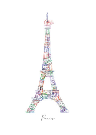 Eiffel tower made from a passport stamps different countries with lettering Paris posterの写真素材