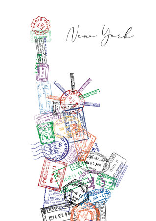 Statue of liberty made from a passport stamps different countries with lettering New York posterのイラスト素材