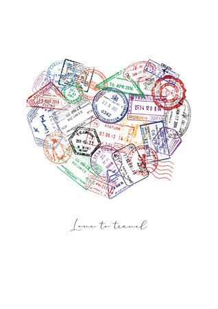 Heart made from a passport stamps different countries with lettering love to travel posterのイラスト素材