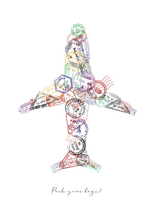 Airplane made from a passport stamps different countries with lettering pack your bags posterのイラスト素材