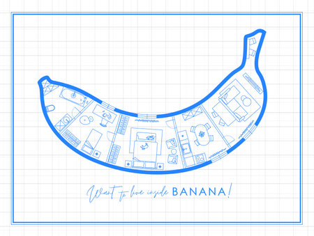 Construction drawing in banana silhouette, living room, bathroom, kitchen, bedroom with lettering want to live inside drawing on light background.のイラスト素材