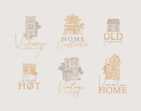 Victorian houses with lettering drawing in old fashioned vintage style on beige background.のイラスト素材