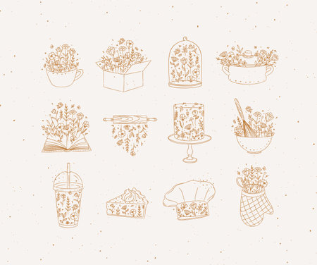 Set of hand drawn vintage kitchen and cooking icons. Vector illustration.のイラスト素材