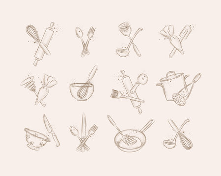 Kitchen tools and utensils hand drawn icons set. Vector illustrationのイラスト素材