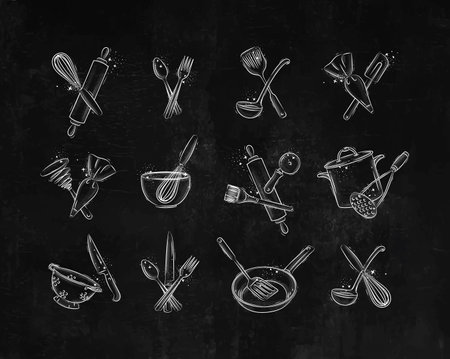 Hand drawn illustration of kitchen utensils on blackboard background.のイラスト素材