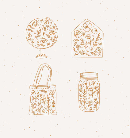 Hand drawn doodle set with floral elements. Vector illustration.のイラスト素材