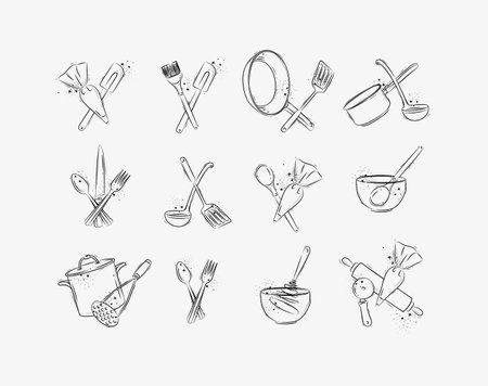 Kitchen utensils doodle icons set. Vector illustrationのイラスト素材
