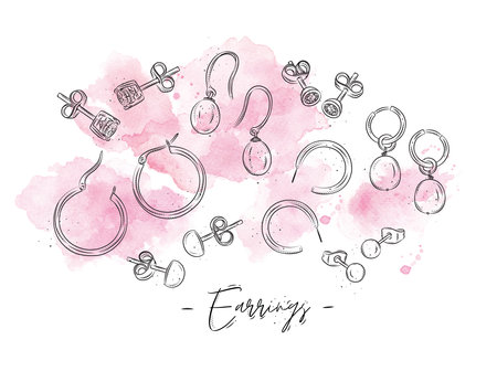 Hand drawn vector illustration of earrings and necklaces on watercolor background.の写真素材