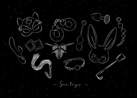 Sex toys and clothing accessory for adult games in graphic style, drawn on black backgroundのイラスト素材