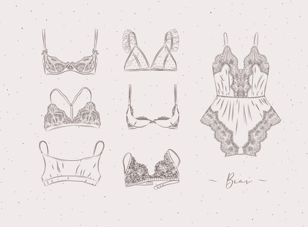 Lace sexy bras collection drawn in graphic style on beige color backgroundのイラスト素材
