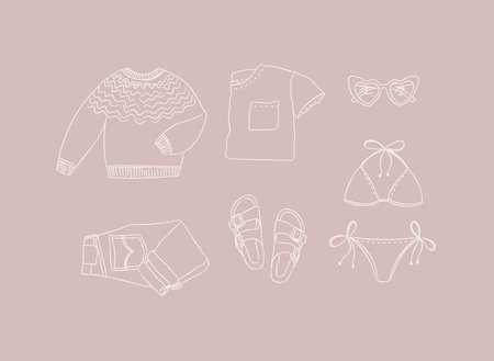 Set of clothes sweater, t-shirt, glasses, swimsuit, jeans, pants, slippers, sandals for women modern travel look in handdrawing style on peach background.のイラスト素材