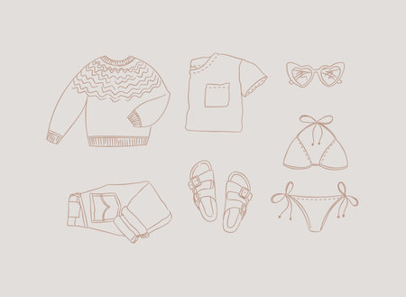 Set of clothes sweater, t-shirt, glasses, swimsuit, jeans, pants, slippers, sandals for women modern travel look in handdrawing style on beige background.のイラスト素材