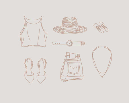 Set of clothes topic, hat, hand watch, hairpin, shoes, shorts, denim, pendant for women modern summer look in handdrawing style on beige background.のイラスト素材