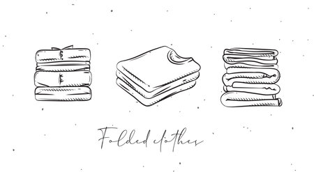 Folded clothes in different angles drawing in graphic style on white backgroundのイラスト素材