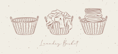 Laundry baskets empty, with dirty and clean clothes drawing in graphic style on beige backgroundのイラスト素材