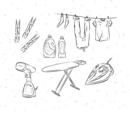 Ironing and laundry accessories clothespin, clothesline, steamer, board, iron, powder, conditioner, linen, wash, soap drawing in graphic style on white backgroundのイラスト素材