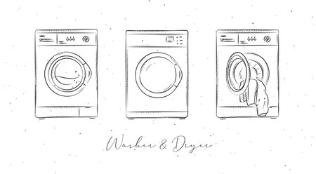 Washing machine and dryer for clean clothes drawing in graphic style on white backgroundのイラスト素材