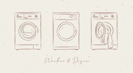 Washing machine and dryer for clean clothes drawing in graphic style on beige backgroundのイラスト素材