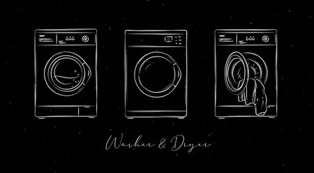 Washing machine and dryer for clean clothes drawing in graphic style on black backgroundのイラスト素材