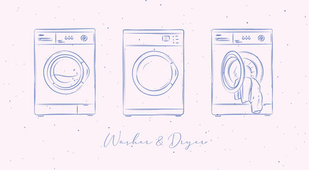 Washing machine and dryer for clean clothes drawing in graphic style on peach backgroundのイラスト素材