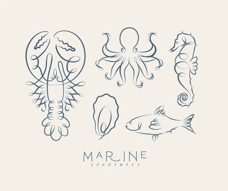 Filigree swirl sea and ocean creatures lobster, octopus, seahorse, oyster, fish drawing on grey backgroundのイラスト素材