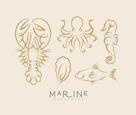 Filigree swirl sea and ocean creatures lobster, octopus, seahorse, oyster, fish drawing on beige backgroundのイラスト素材