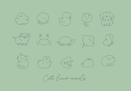 Cute animals drawing in line art style on green backgroundのイラスト素材