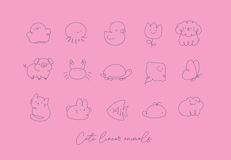 Cute animals drawing in line art style on pink backgroundのイラスト素材