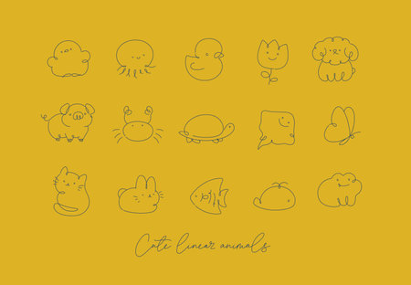 Cute animals drawing in line art style on yellow backgroundのイラスト素材