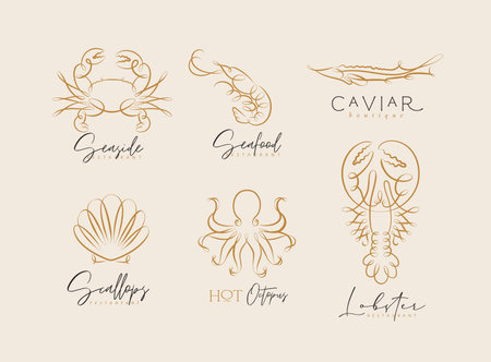 Filigree swirl sea and ocean creatures crab, shrimp, sturgeon, shell, octopus, lobster labels with lettering drawing on beige backgroundのイラスト素材