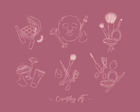 Set compositions of cosmetology tools lipstick, eyeshadows, mascara, facial massager, anti age mask, brush, powder, face and hand cream, tweezers, sponge, eyelash clip, pencil drawing on pink bgのイラスト素材