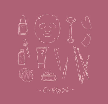 Face care tools serum bottle, anti-aging mask, hand and face cream, tweezers, cotton sponge, beautician tools, jade roller and gua sha massager drawing on pink backgroundのイラスト素材