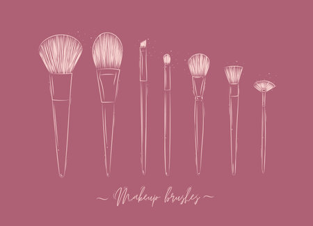 Brushes for makeup, powder, foundation, eye shadow beauty collection drawing on pink backgroundのイラスト素材
