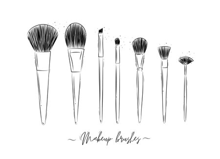 Brushes for makeup, powder, foundation, eye shadow beauty collection drawing on white backgroundのイラスト素材