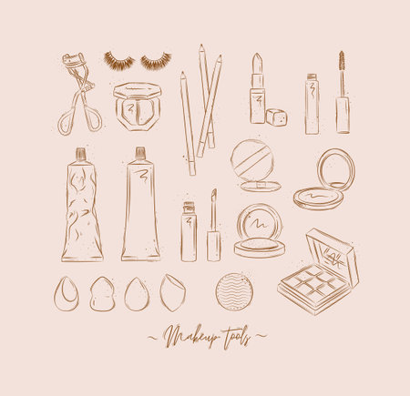 Makeup tools eyelash clip, false eyelashes, eye shadow, pencil, lipstick, mascara, face cream, mirror powder, sponge drawing on light brown backgroundのイラスト素材