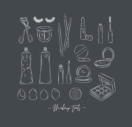 Makeup tools eyelash clip, false eyelashes, eye shadow, pencil, lipstick, mascara, face cream, mirror powder, sponge drawing on grey backgroundのイラスト素材