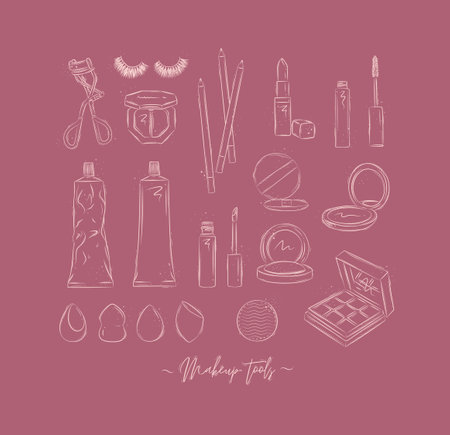 Makeup tools eyelash clip, false eyelashes, eye shadow, pencil, lipstick, mascara, face cream, mirror powder, sponge drawing on pink backgroundのイラスト素材