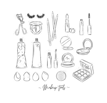 Makeup tools eyelash clip, false eyelashes, eye shadow, pencil, lipstick, mascara, face cream, mirror powder, sponge drawing on white backgroundのイラスト素材