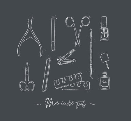 Manicure and pedicure tools collection with wire cutters, nail file, scissors, nail polish, toe separator, cuticle pusher spoon drawing on grey backgroundのイラスト素材