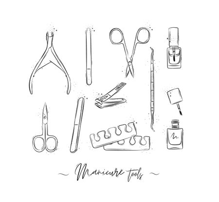 Manicure and pedicure tools collection with wire cutters, nail file, scissors, nail polish, toe separator, cuticle pusher spoon drawing on white backgroundのイラスト素材