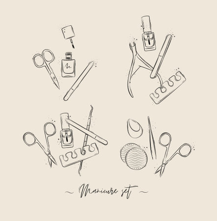 Manicure and pedicure proffesional tools compositions collection with wire cutters, nail file, scissors, nail polish, toe separator, cuticle pusher spoon drawing on beige backgroundのイラスト素材